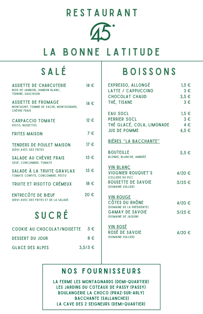 carte restaurant 45°